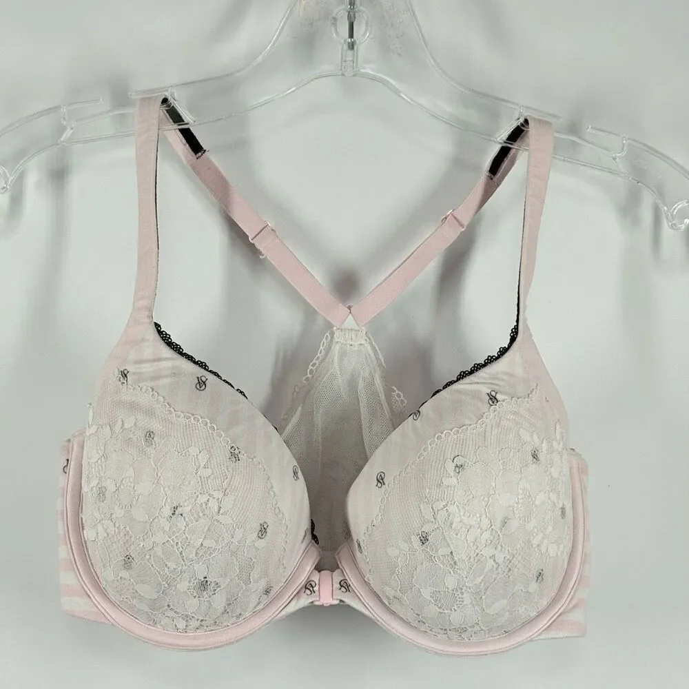 Victoria’s Secret Body By Victoria white pink stripe lace VS logo racer back Dem